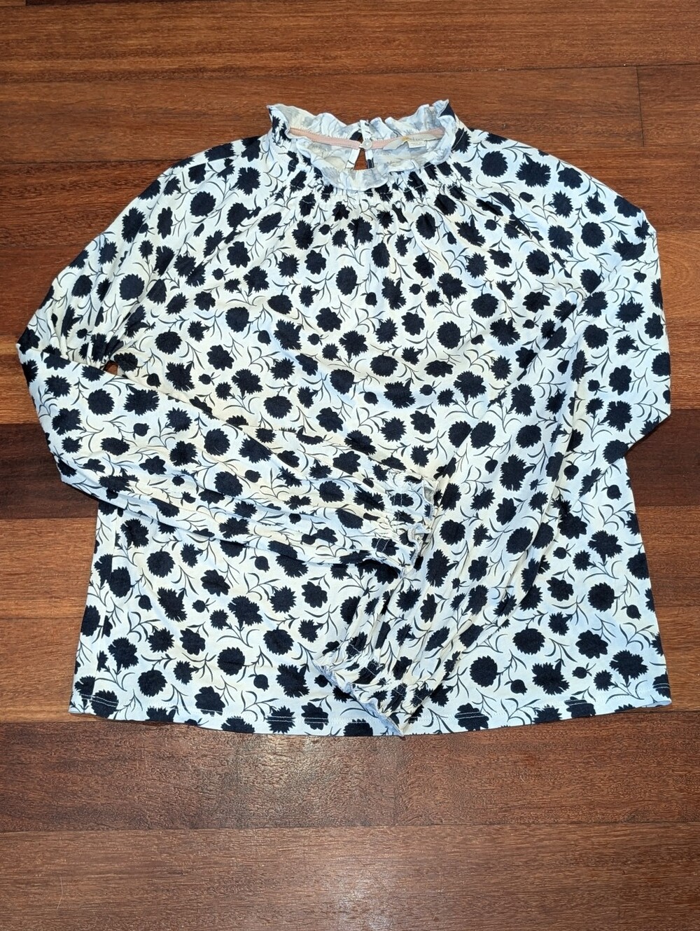Boden Navy & White Floral Ruffle-Neck Top